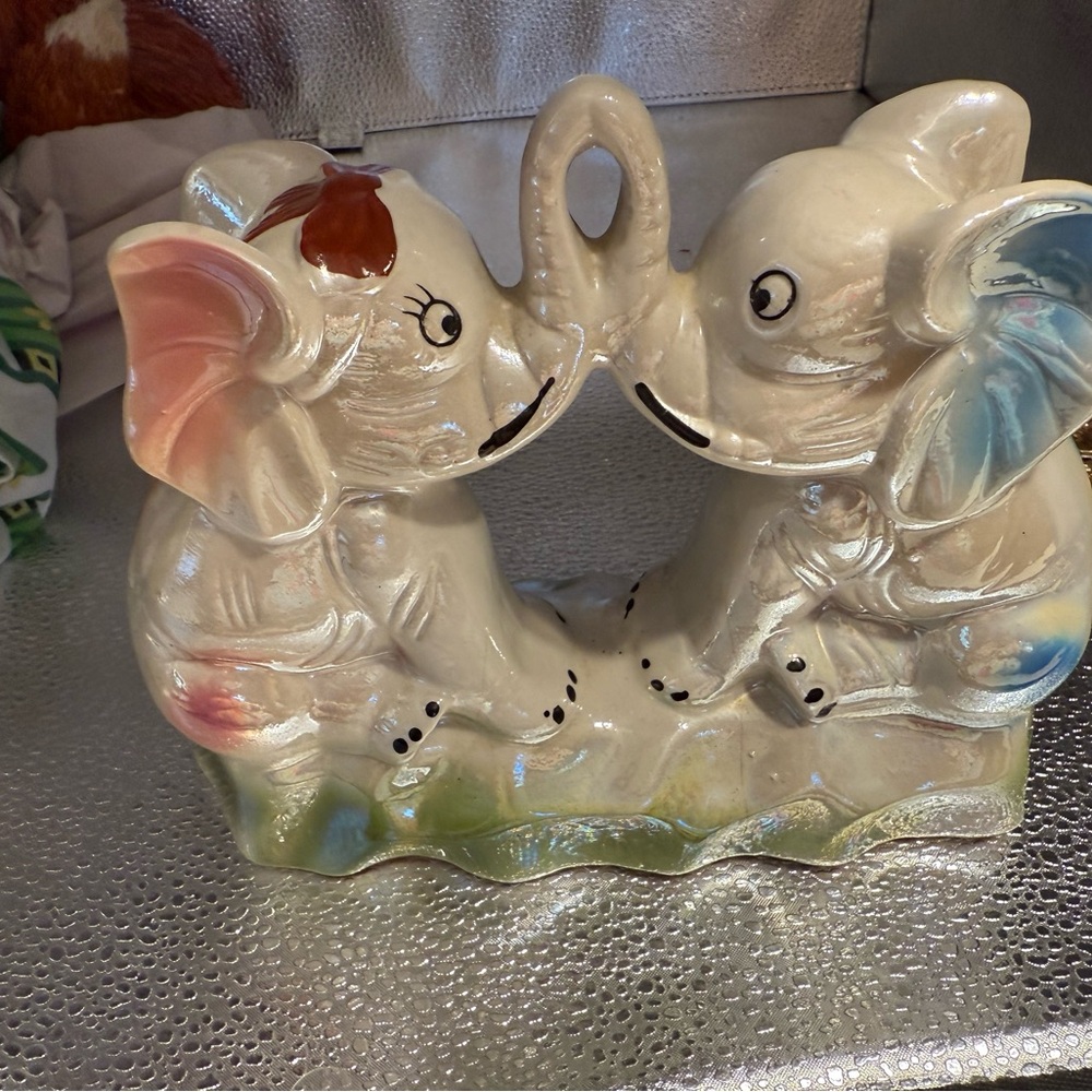 Vintage Ceramic Elephant Figurine with Pink and Blue Accents